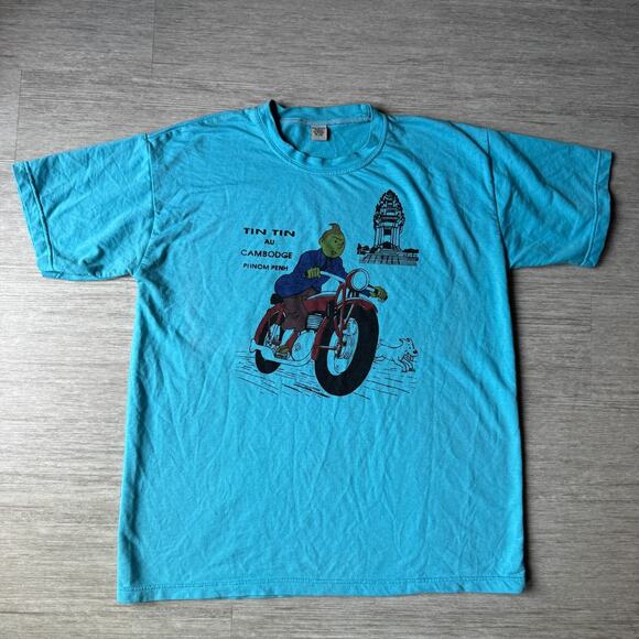 On Other - VTG Tintin Shirt Phnom Penh Cambodia On Motorcycle w/ Snowy Adult L Blue Crewnek